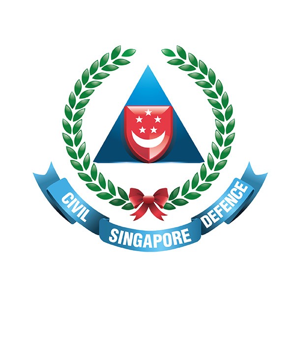 Civil Defence crest beside text, SCDF The Life Saving Force.